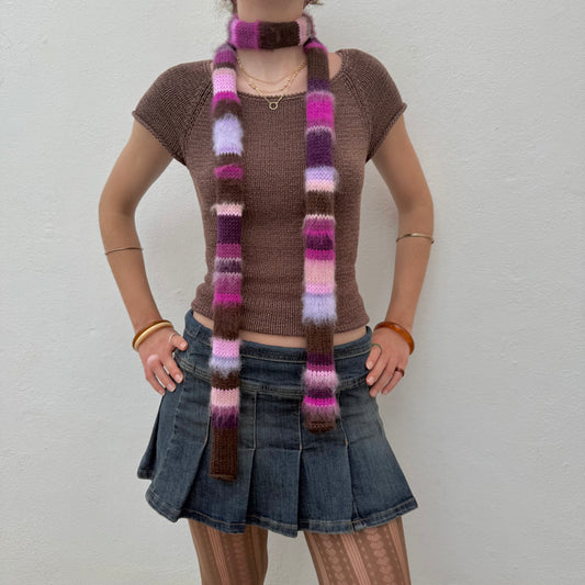 Purple, pink and brown handmade knitted mohair striped skinny scarf - pre made