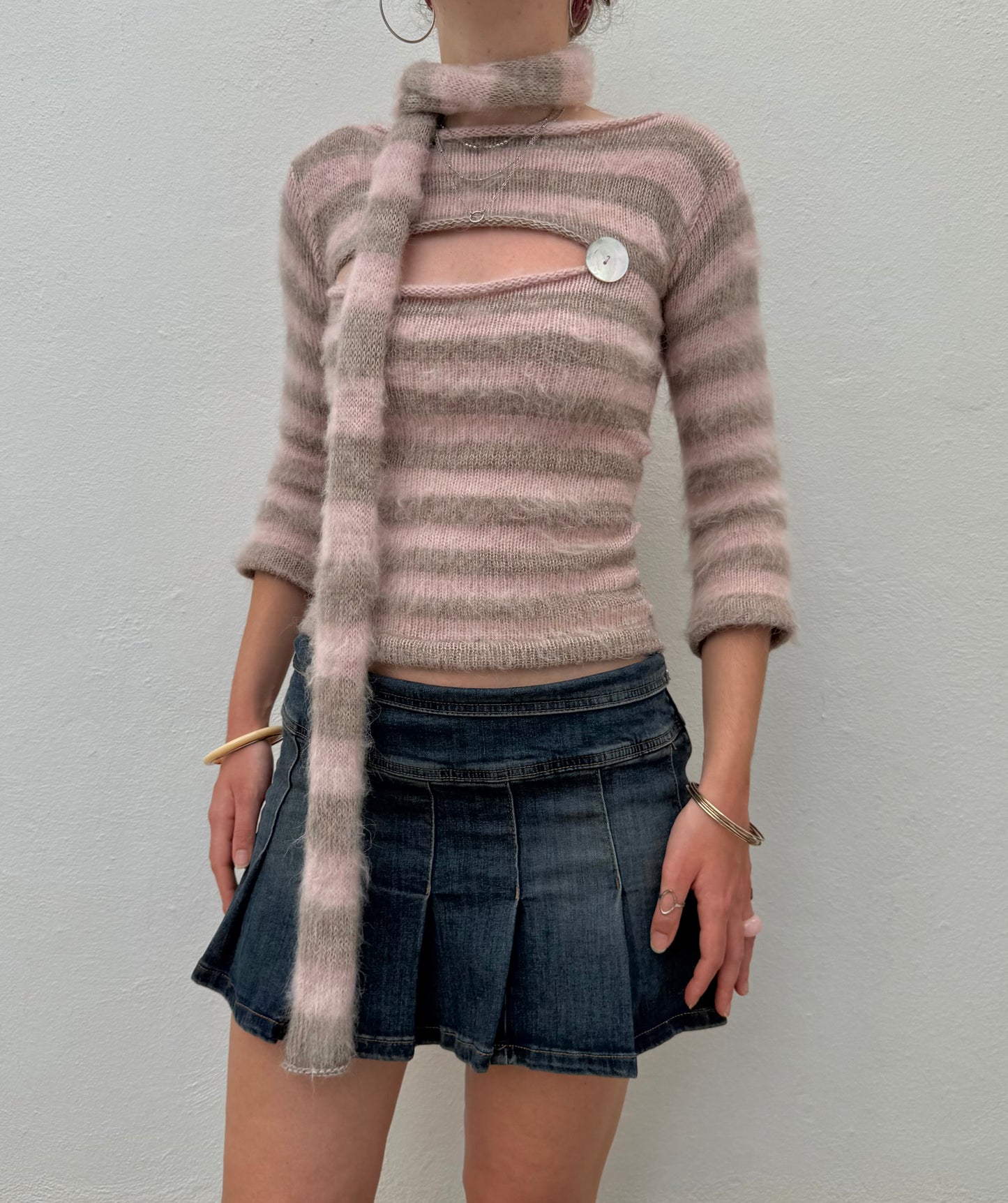 Fluffy striped knit skinny scarf in dusky pink & beige