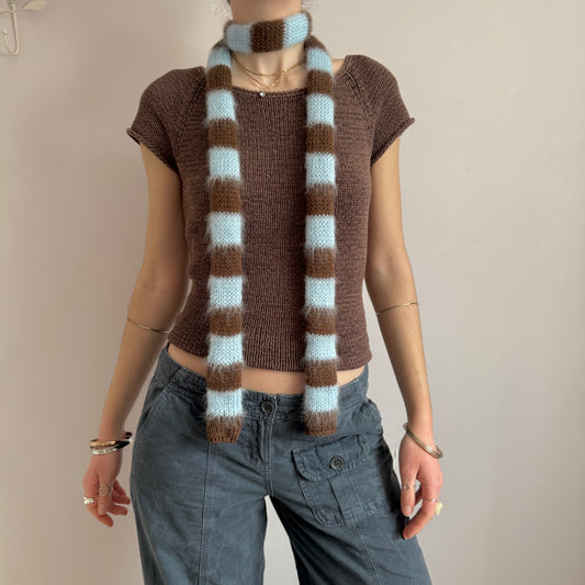 brown and blue striped skinny scarf full pic