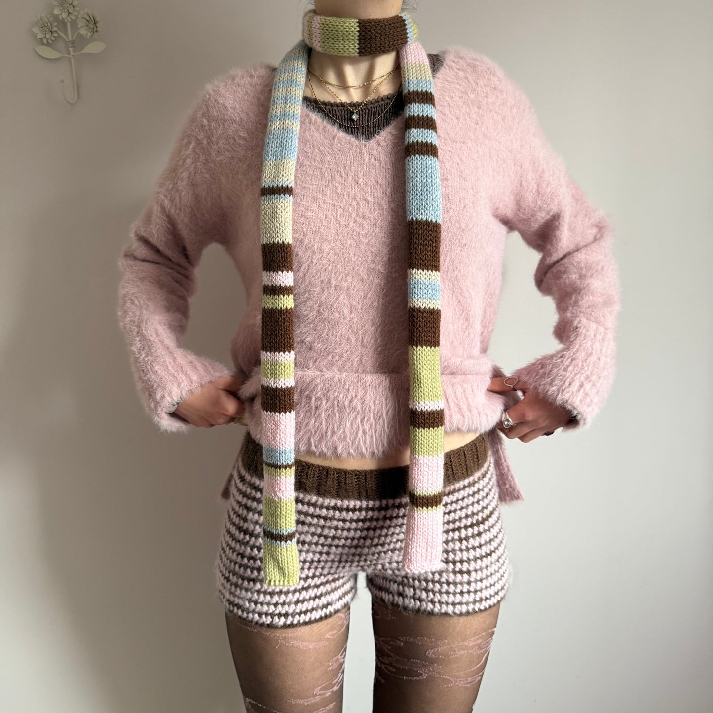 Handmade brown and baby pink mohair striped crochet shorts