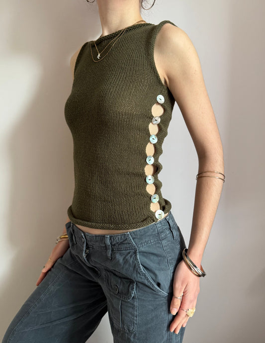 Handmade knitted Pearl Vest - khaki green (pre made in size M).