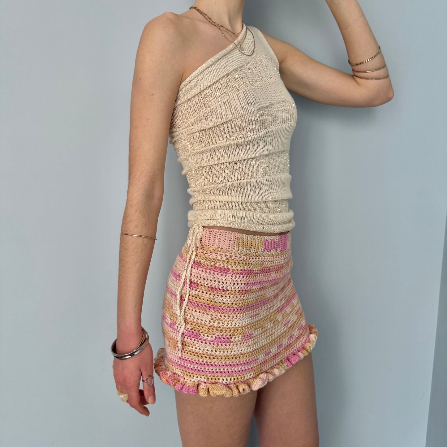 Handmade sequin draped one shoulder knit top in cream - cotton