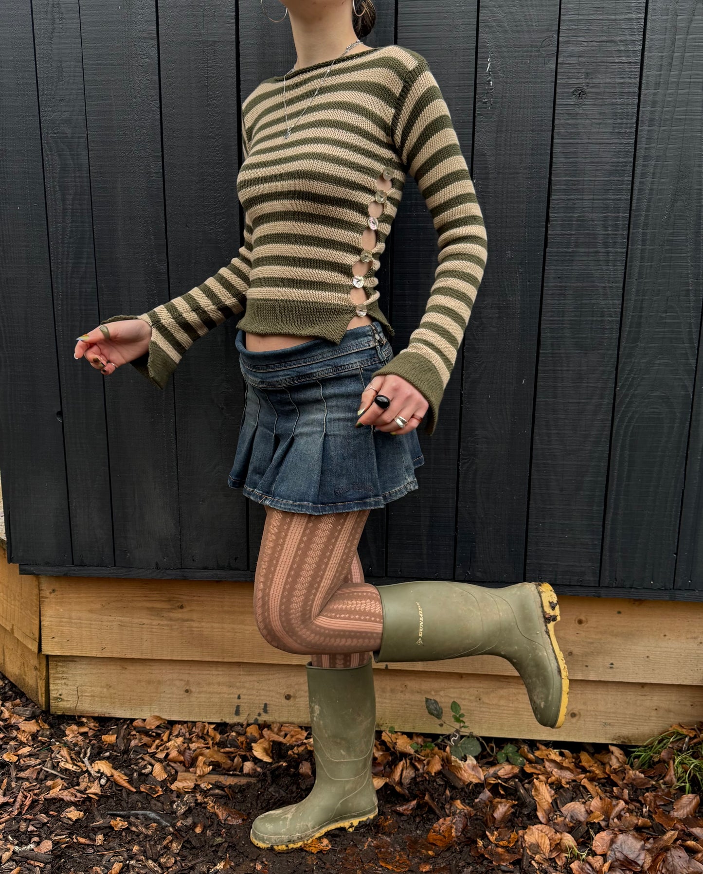 Pearl Long Sleeve in striped khaki & beige - handmade knit jumper with abalone shell buttons
