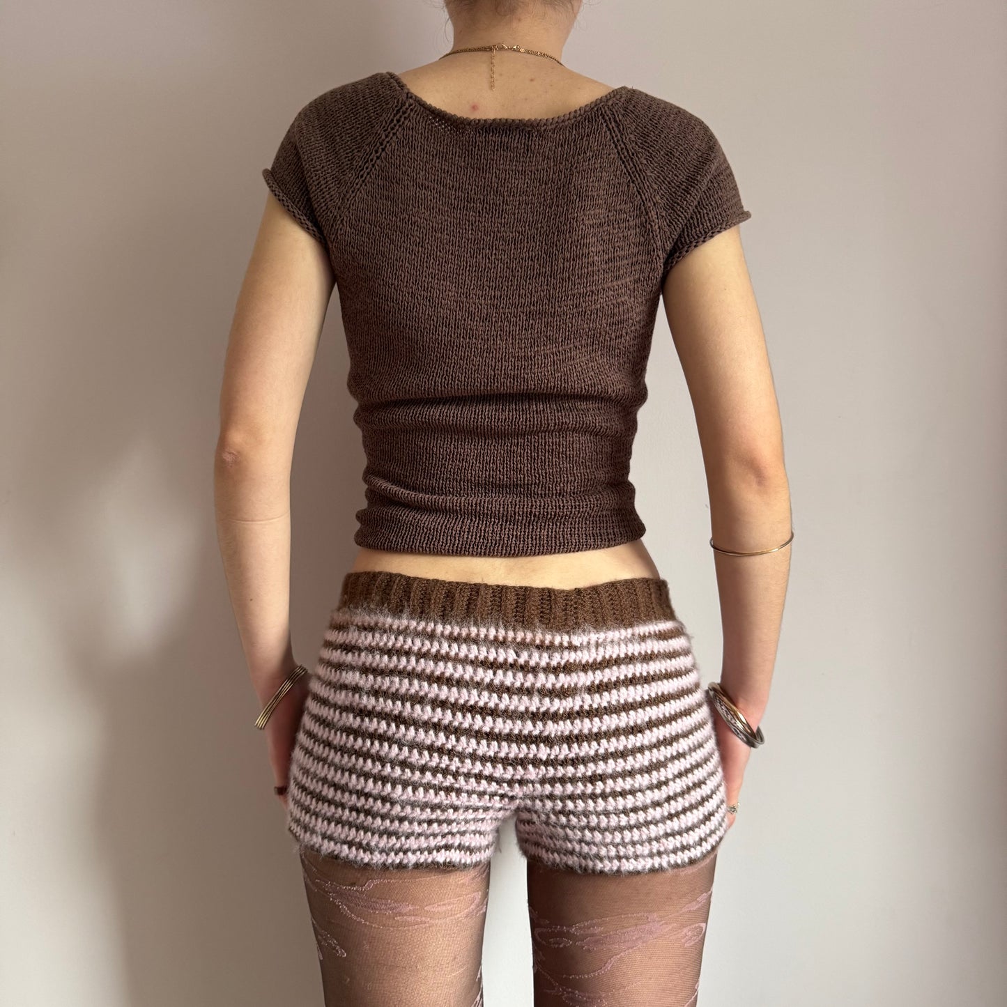 Handmade brown and baby pink mohair striped crochet shorts
