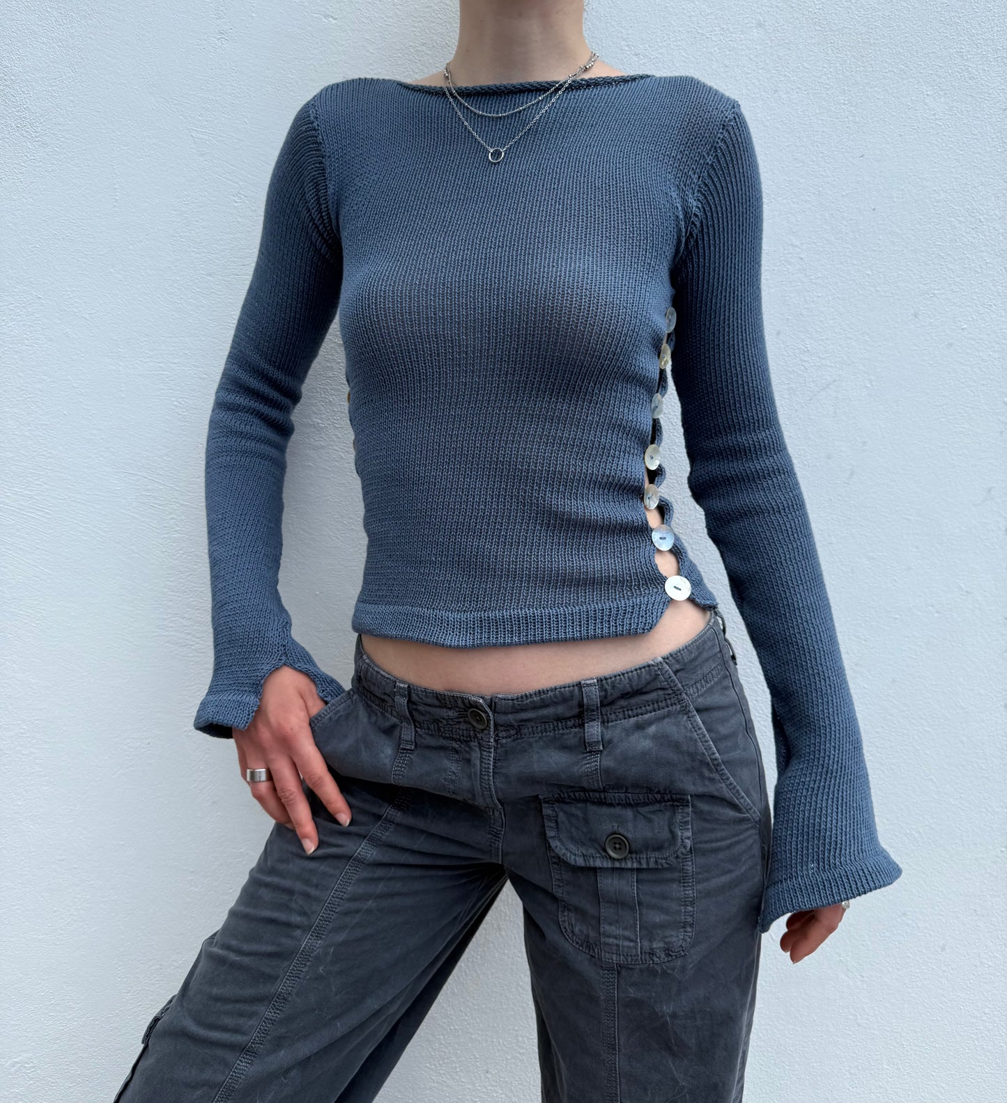 Pearl Long Sleeve in denim blue - handmade knit jumper with mother of pearl buttons