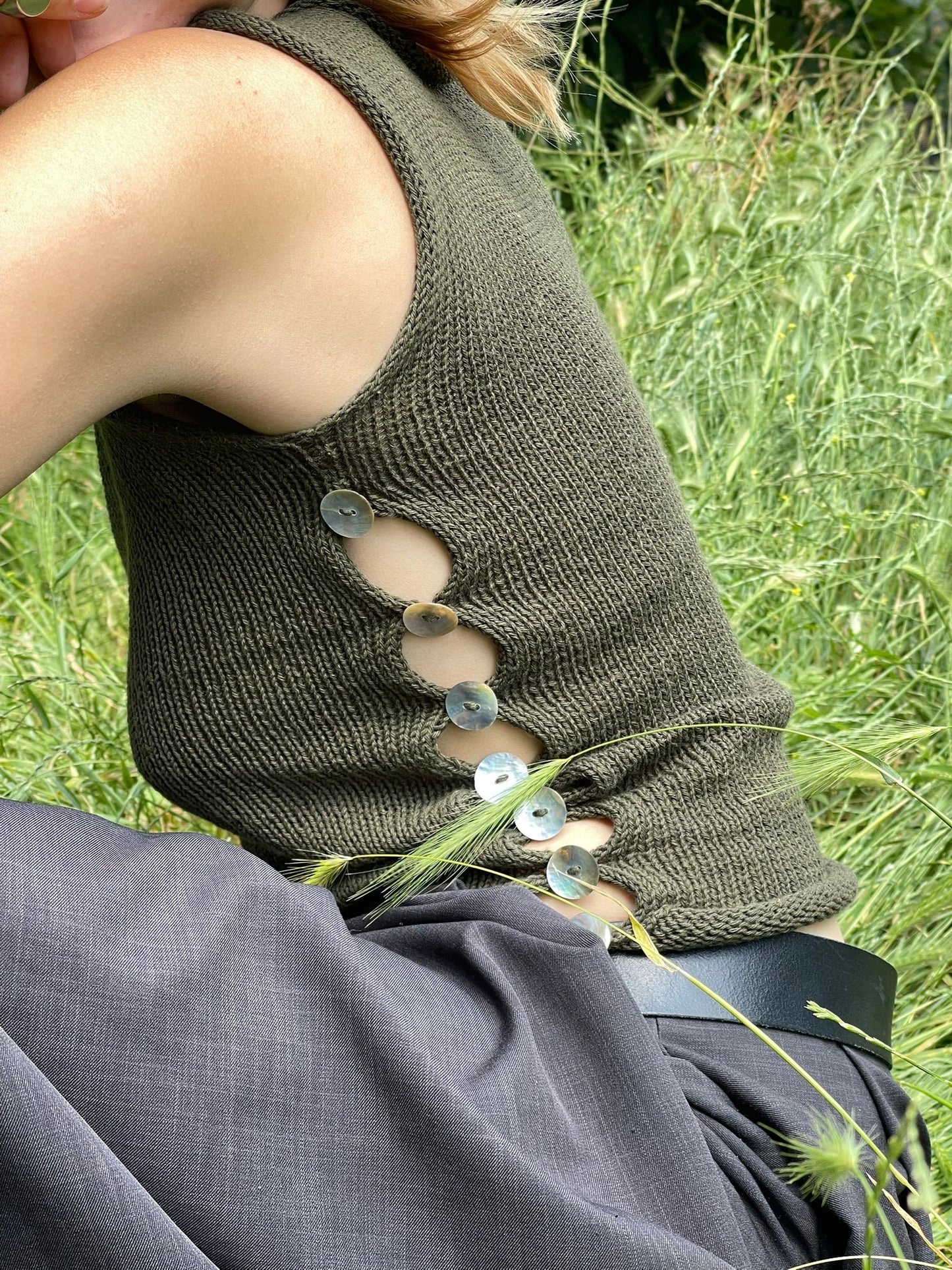 The Pearl Vest in khaki green - choose from 2 design options (pre-made with buttons on both sides in S)
