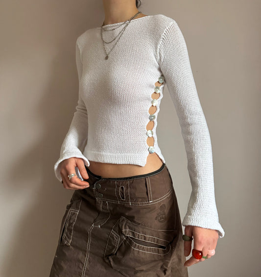 Pearl Long Sleeve in white - handmade knit jumper with mother of pearl buttons (limited edition)