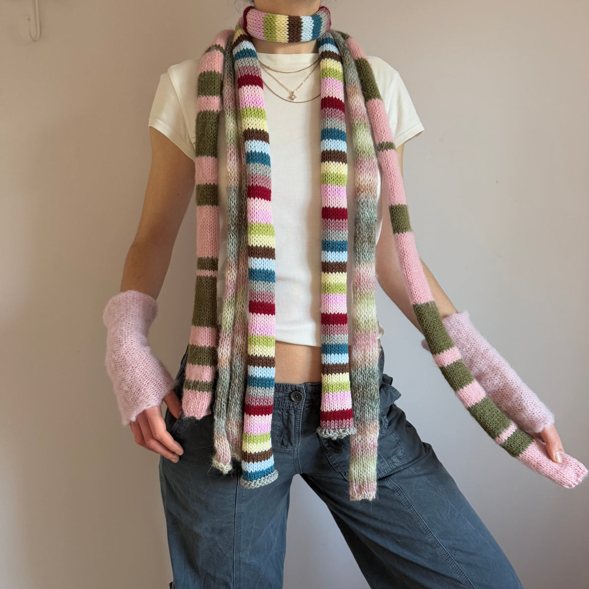 Handmade knitted multicoloured striped skinny scarf