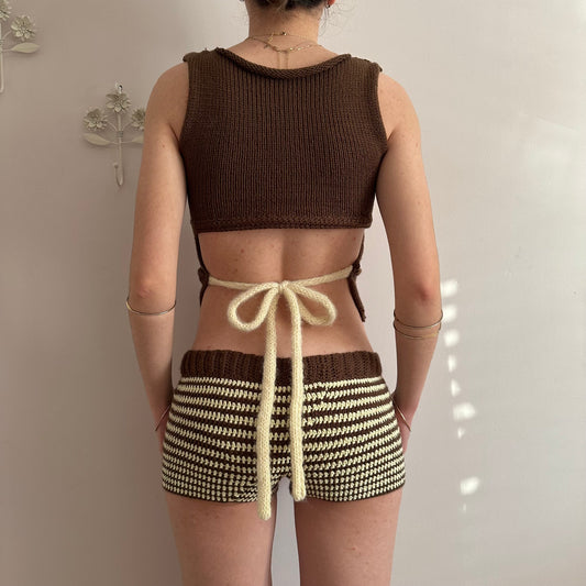The Sienna Set - matching striped crochet shorts and knit vest (choose with/without bow)