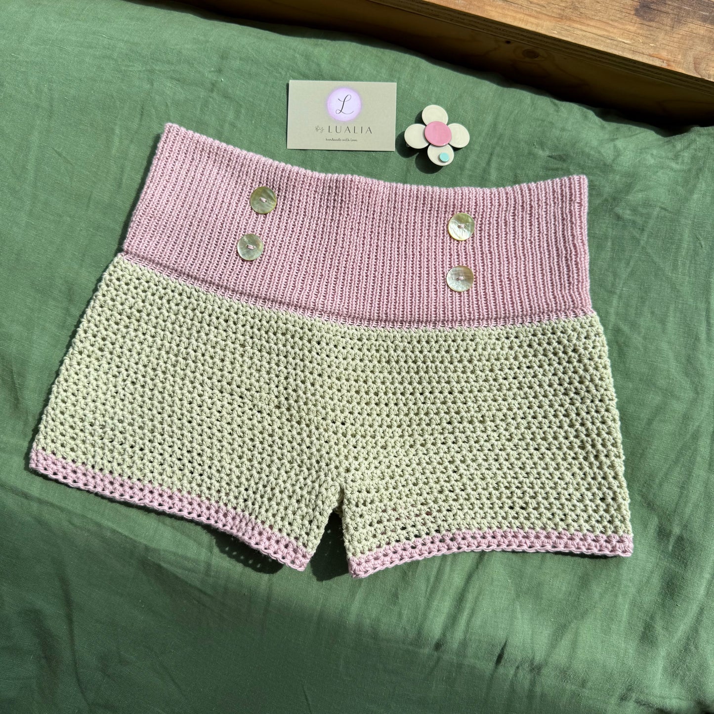 The Blossom Button Shorts 🌸 colour block shorts with mother of pearl buttons