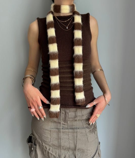 Handmade knitted brown and light yellow mohair striped skinny scarf