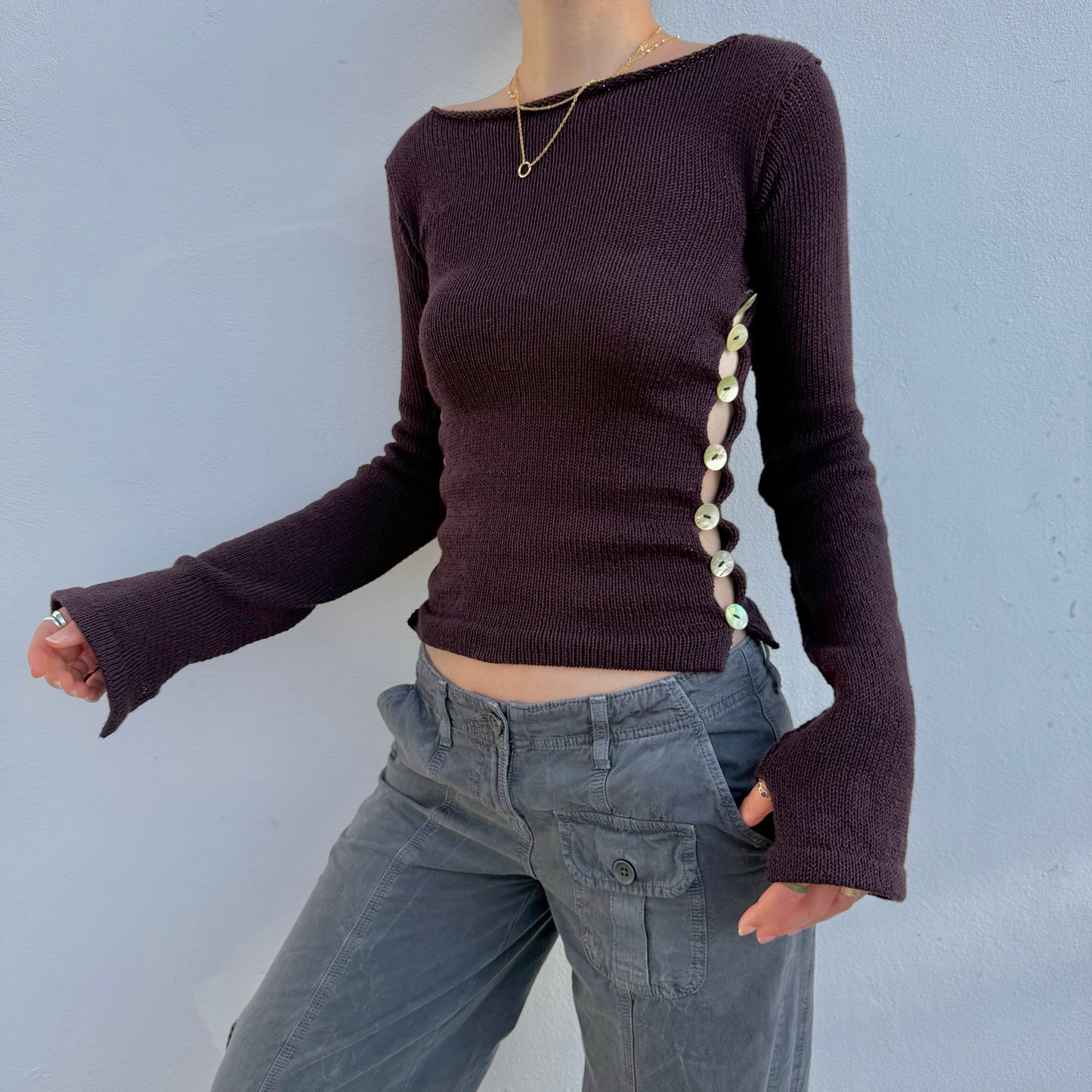 Pearl Long Sleeve in plum purple - handmade striped knit jumper with green mother of pearl buttons
