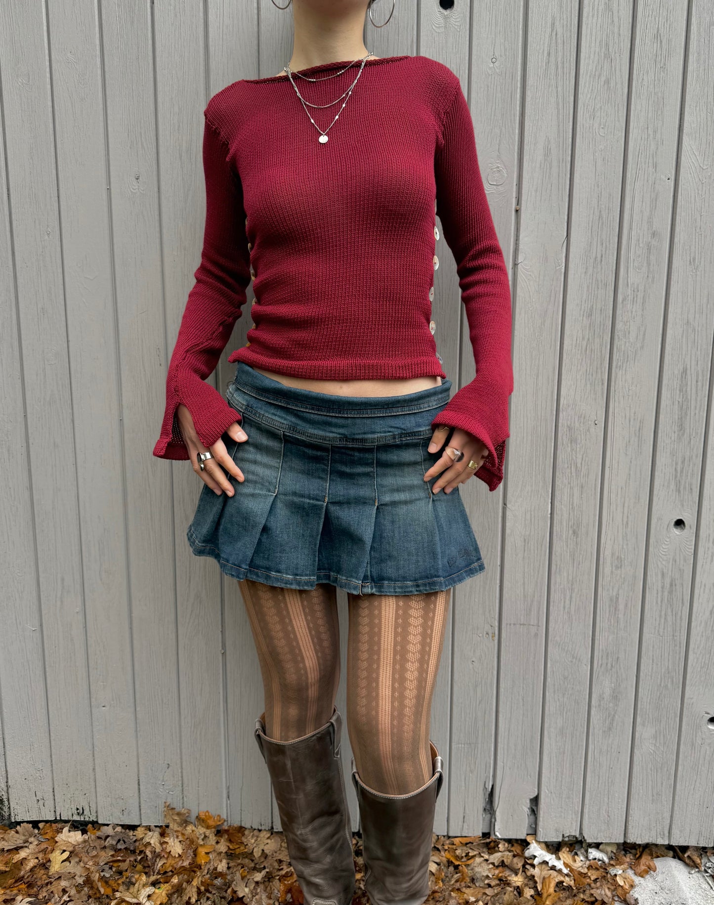 Pearl Long Sleeve in cherry red - handmade knit jumper with mother of pearl buttons