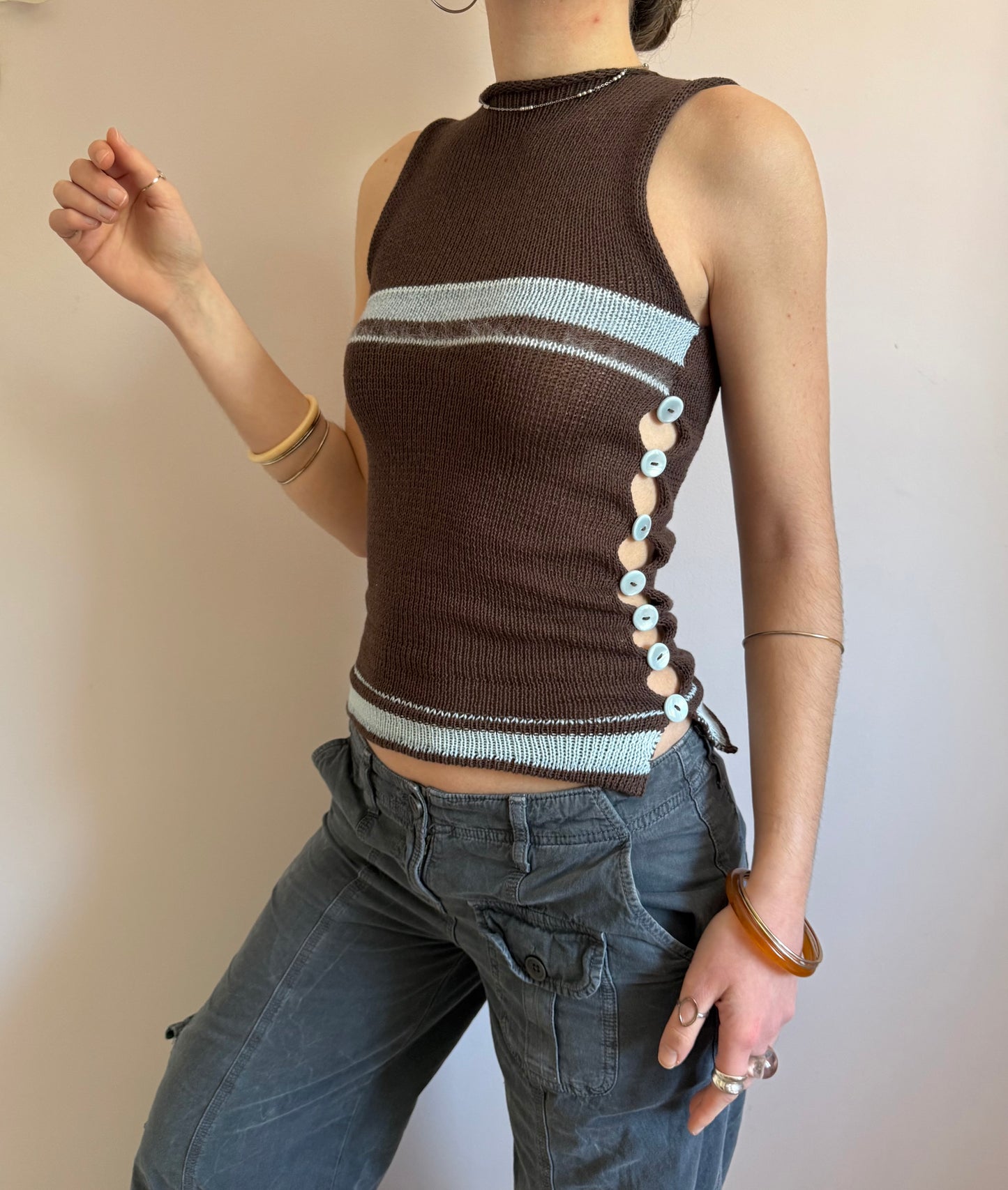 Striped Pearl Vest in brown and baby blue