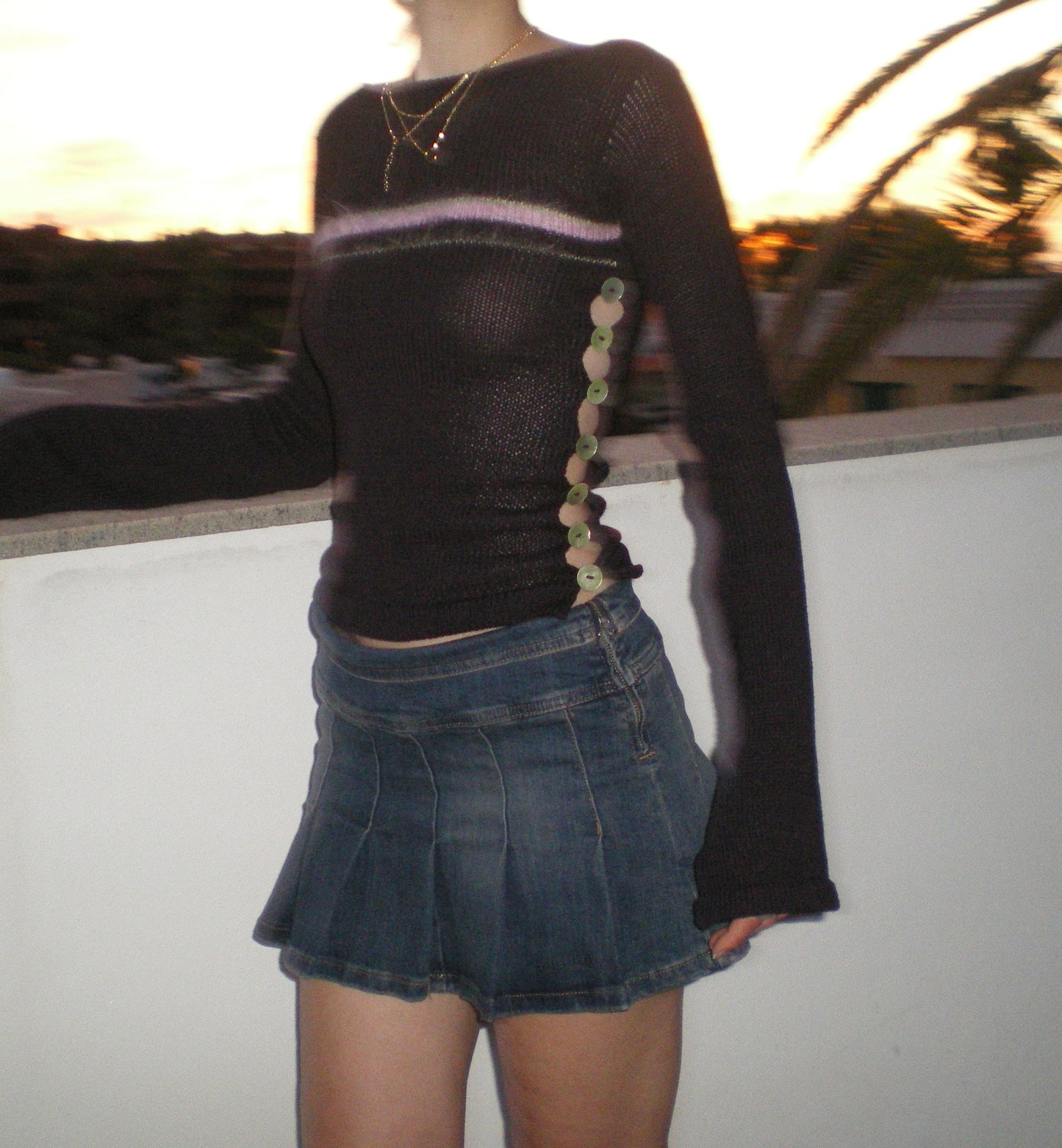 Pearl Long Sleeve in plum purple - handmade striped knit jumper with green mother of pearl buttons