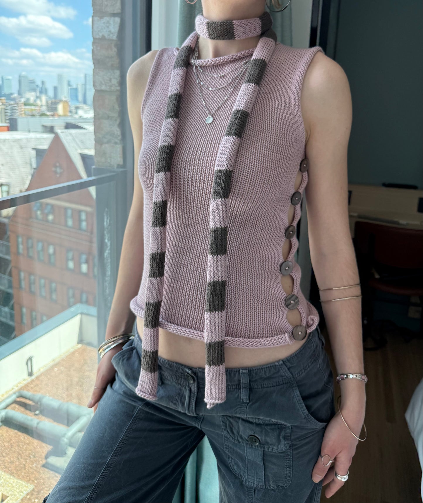 Handmade cotton knitted dusky pink and mocha striped skinny scarf / belt