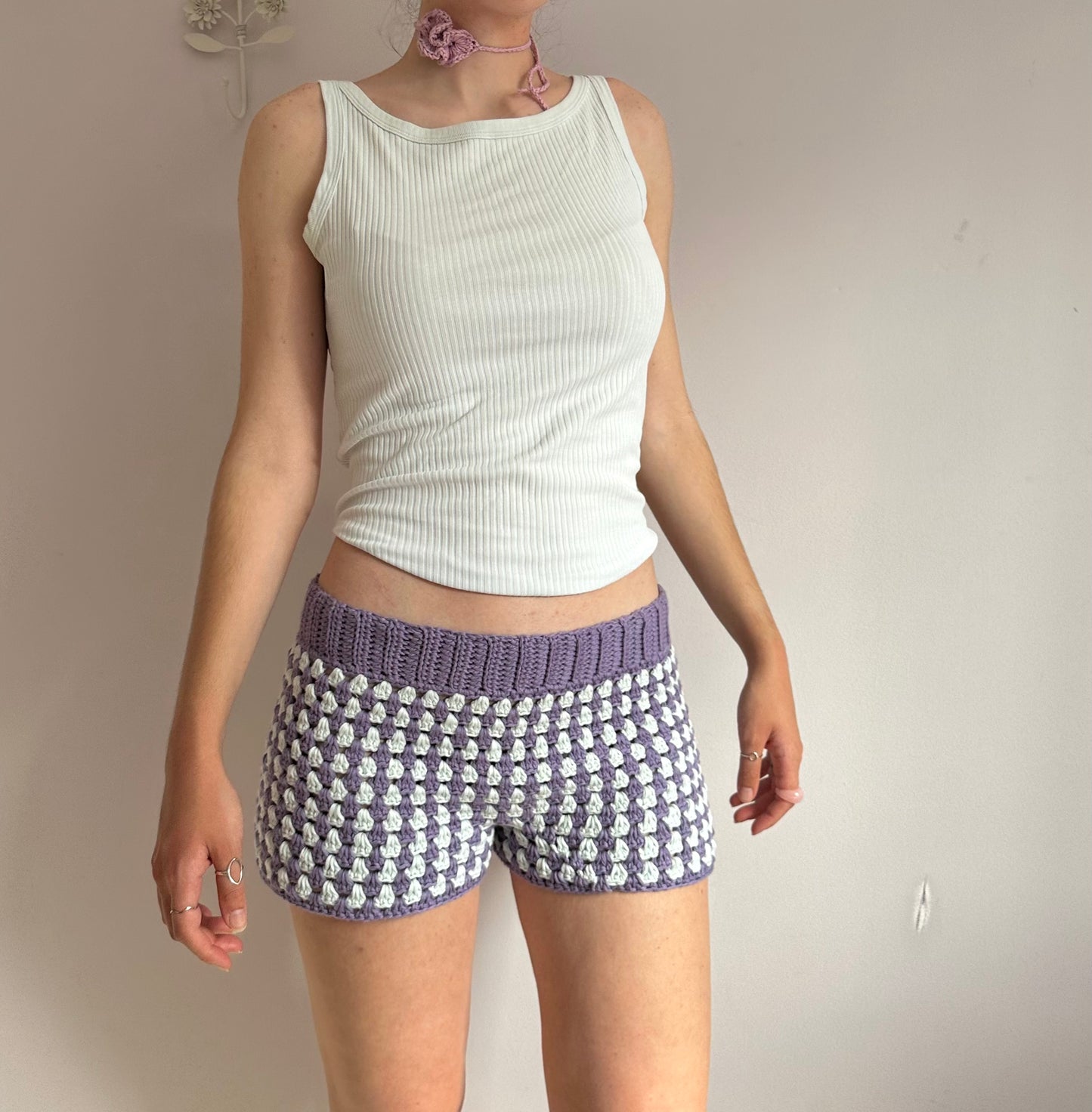 Handmade gingham crochet shorts in purple and duck egg blue (pre made in L)