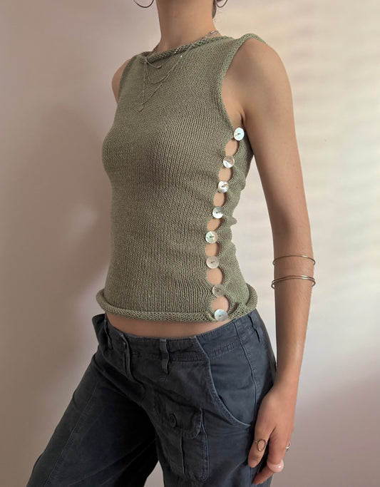 Handmade knitted Pearl Vest - sage green (pre made in size S-M).