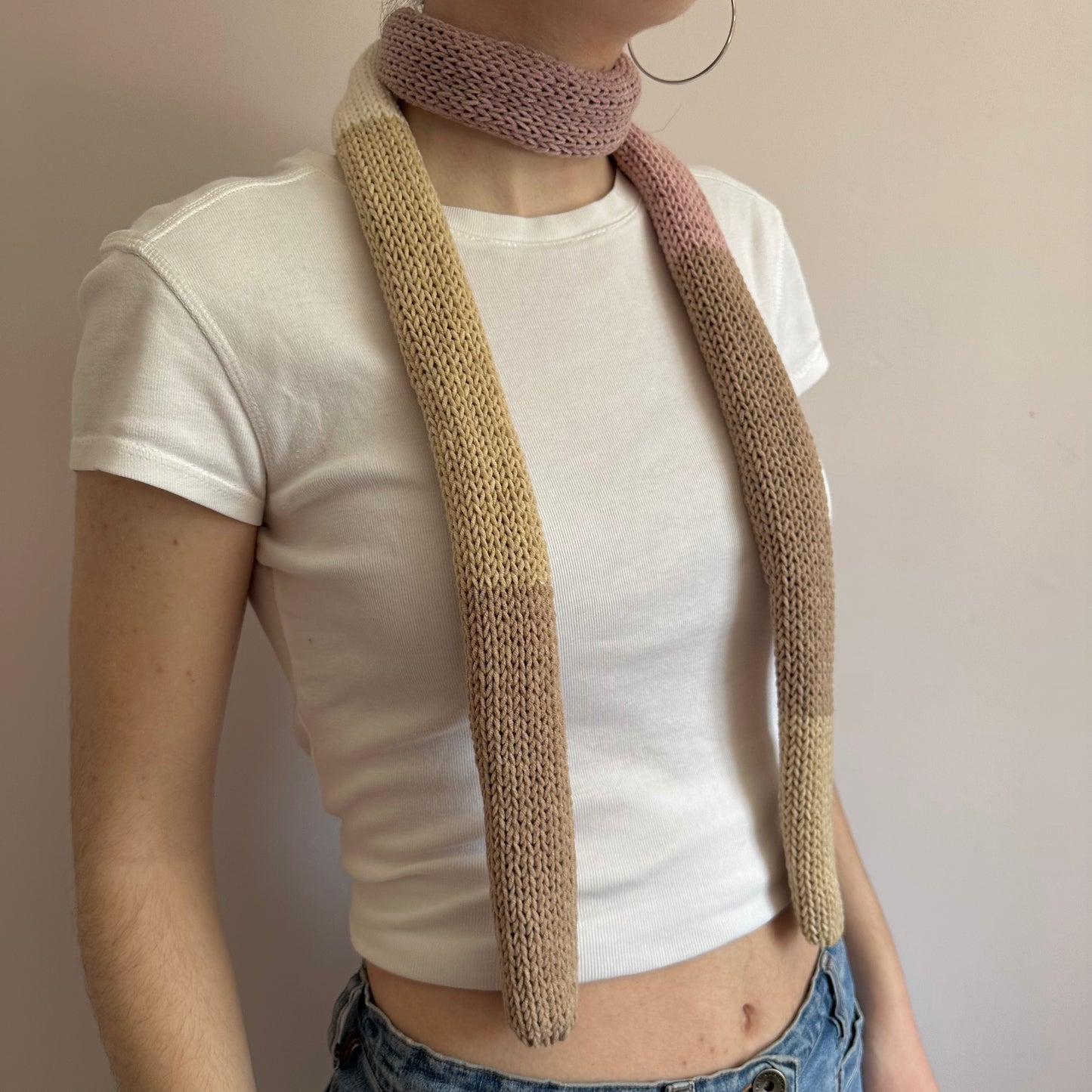 Handmade cotton knitted colour block skinny scarf in beige and dusky pink