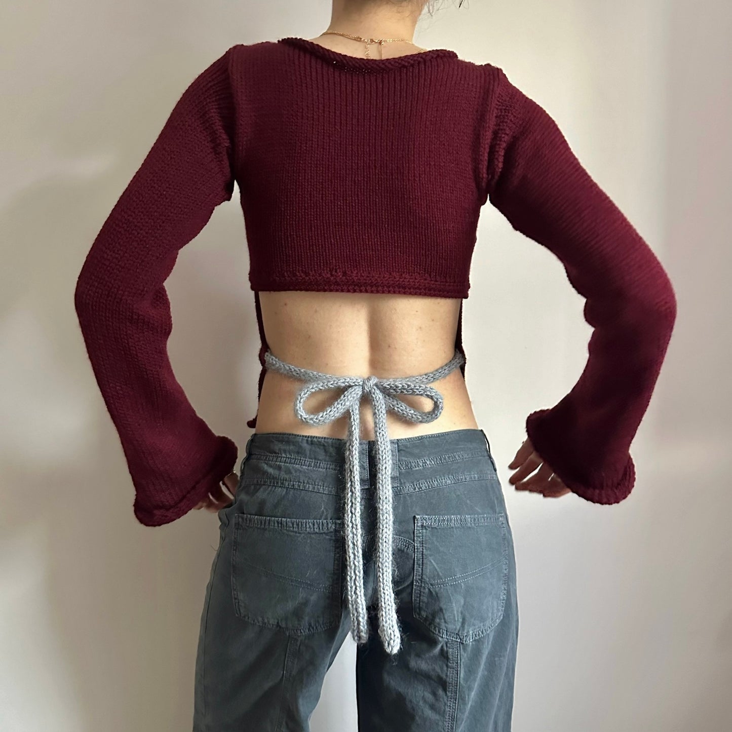 The Bordeaux Jumper: handmade burgundy, grey and cream striped knit jumper - choose with or without open bow back