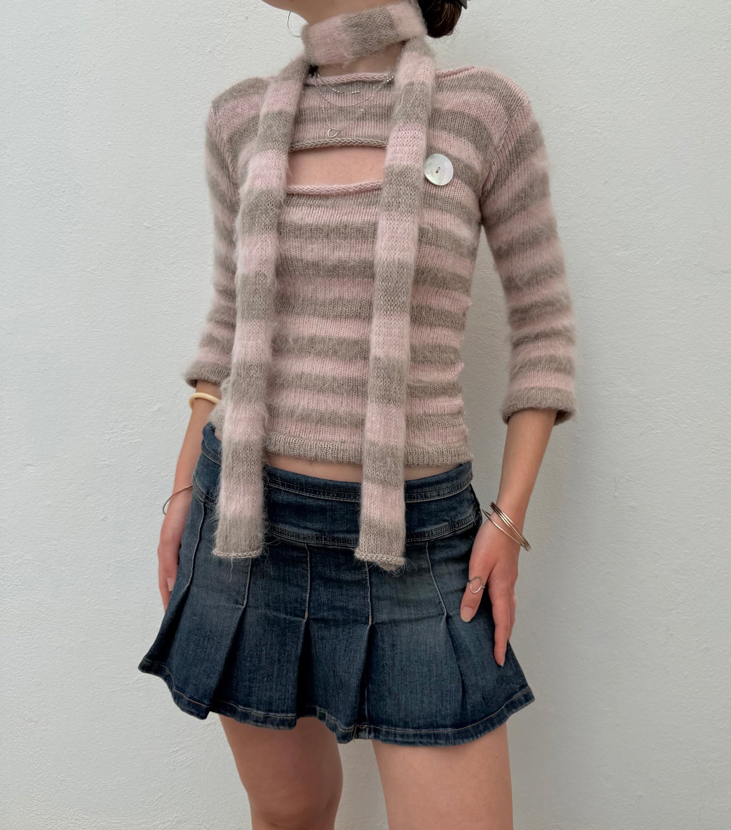 Fluffy striped knit skinny scarf in dusky pink & beige