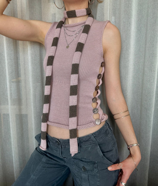 Handmade cotton knitted dusky pink and mocha striped skinny scarf / belt