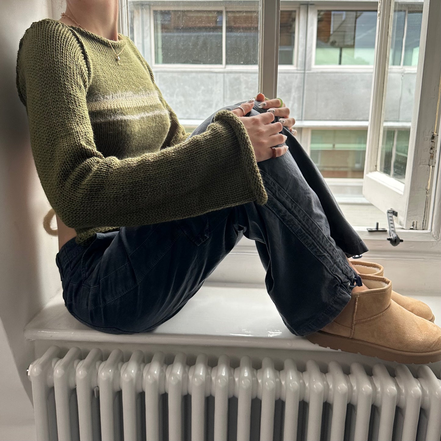 Handmade khaki green striped knit jumper - choose with or without tie up bow back