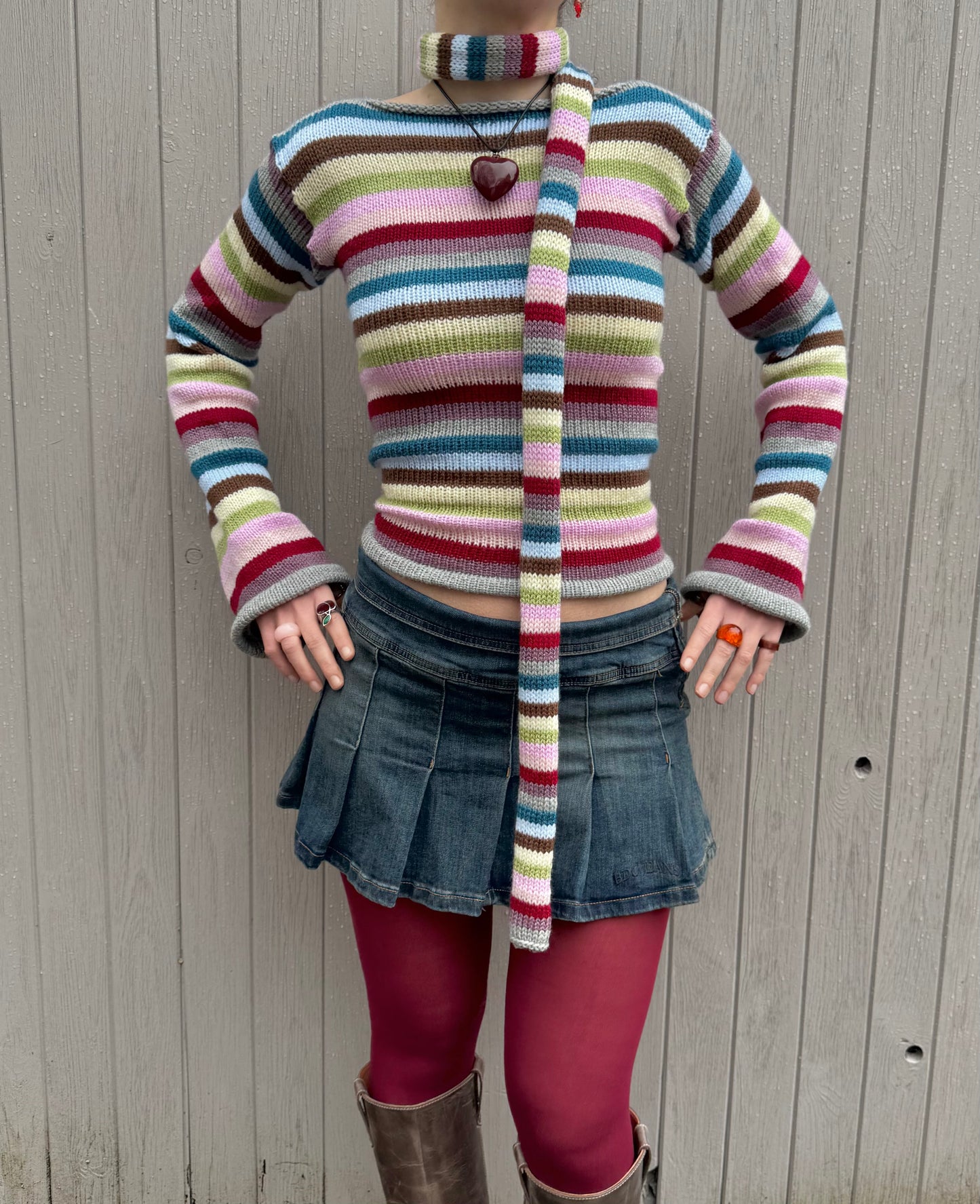 Handmade multicoloured striped knitted jumper with flared sleeves - made to order