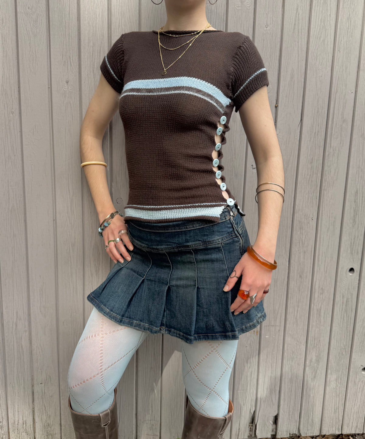 Pearl Tee in Brown & Blue (pre made in XS-S)