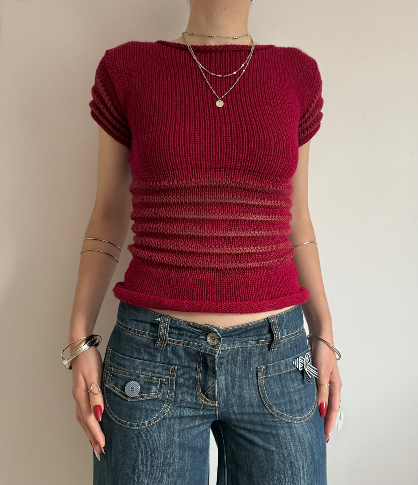 The Ripple Tee in cherry red - handmade shirred top with puff sleeves