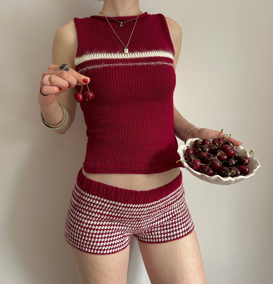 The Cherry Set - matching striped crochet shorts and knit vest (choose with/without bow)