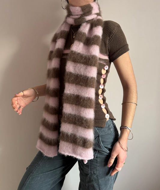 Pink and brown fluffy striped scarf - choose full width or skinny 🌸🤎 pre made