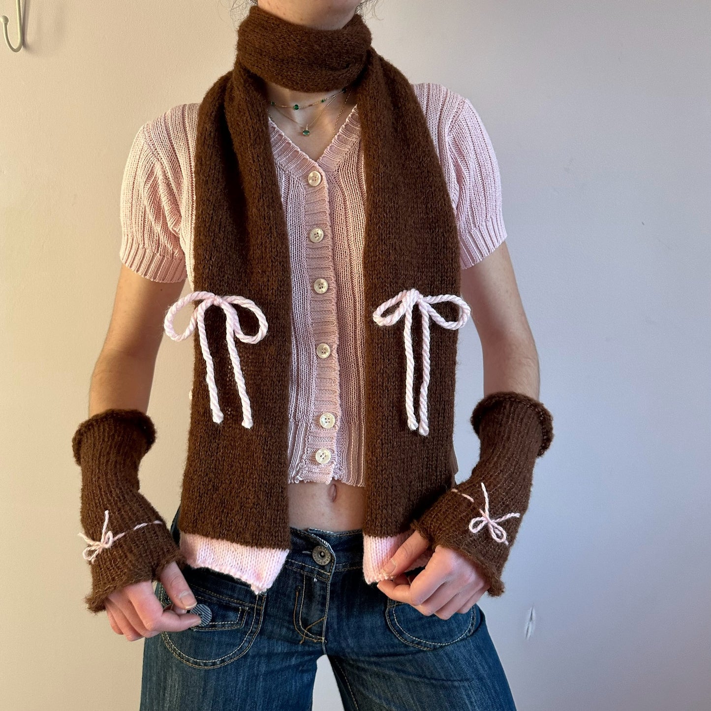 Handmade knitted mohair bow gloves in brown & baby pink - with thumb hole