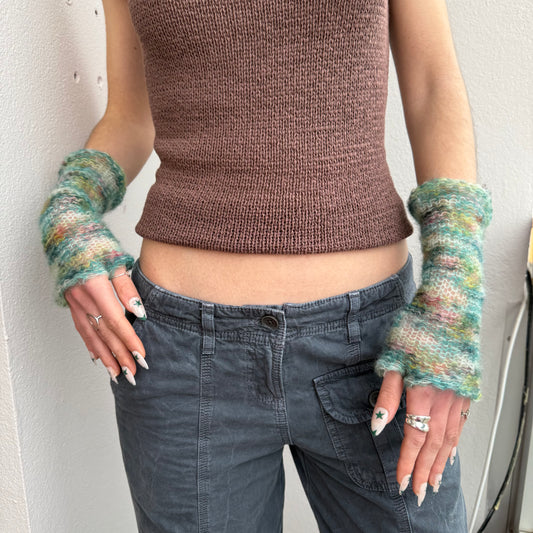 Handmade green ombré knitted mohair hand warmers
