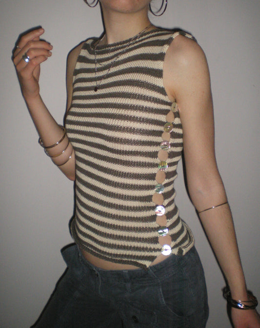 Striped Pearl Vest in mocha and cream - handmade knitted vest with abalone shell buttons