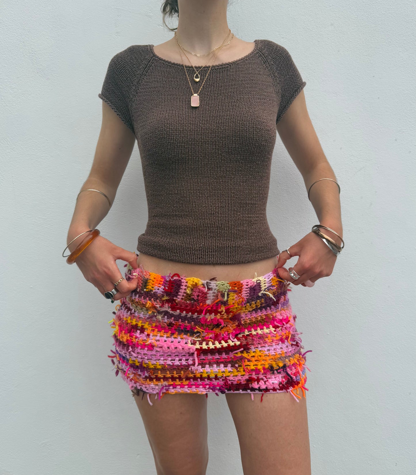 Handmade scrappy crochet mini skirt - 1 of 1, made of leftover yarn scraps (pre made in size S)