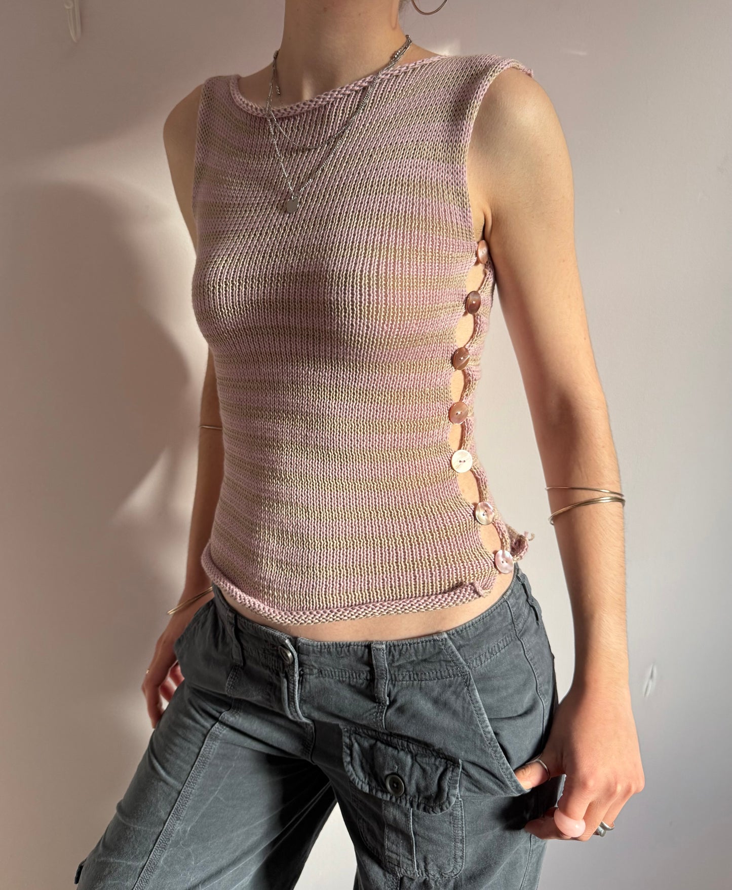 Handmade knitted Pearl Vest - dusky pink and beige striped (pre made in size S).