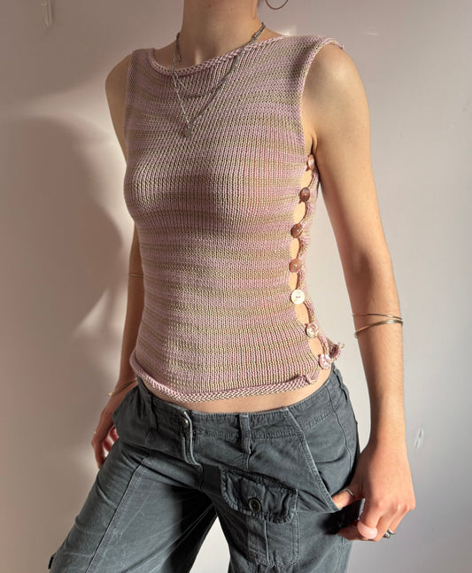 Handmade knitted Pearl Vest - dusky pink and beige striped (pre made in size S).
