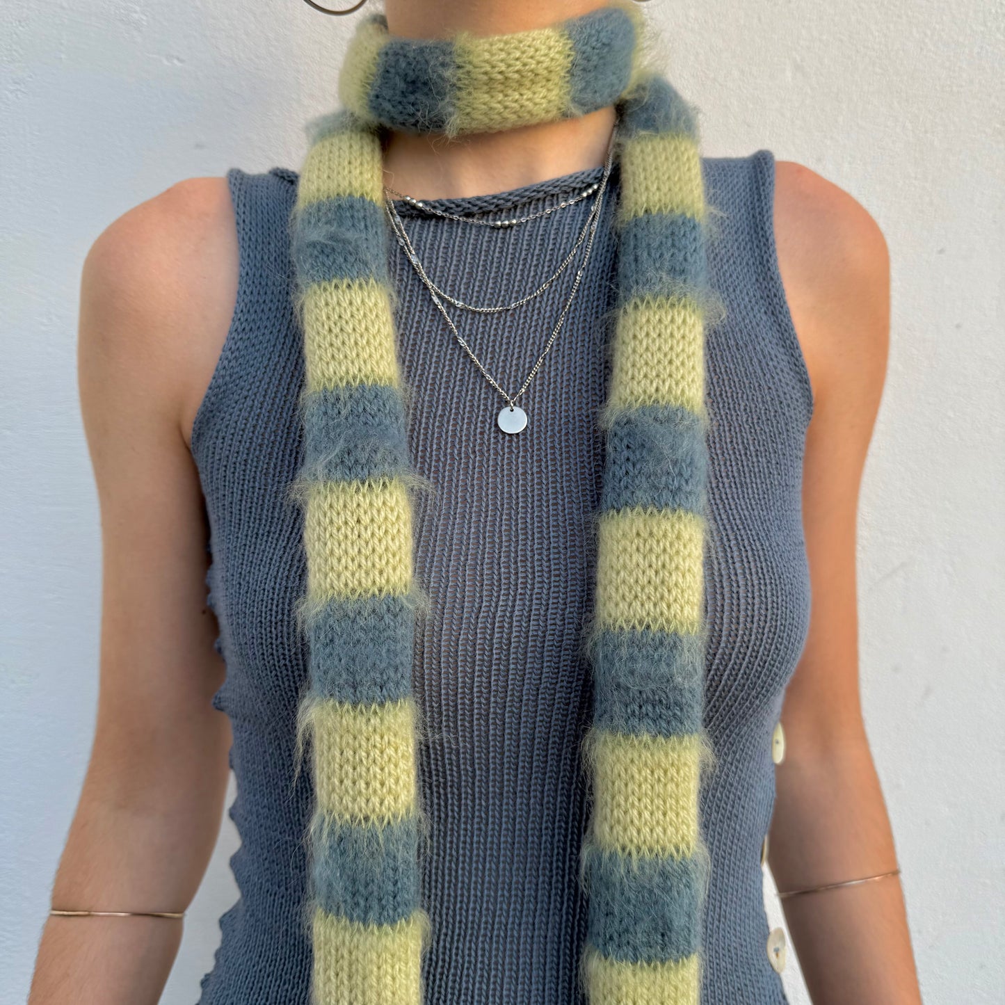 Handmade blue and green mohair striped skinny scarf - pre made