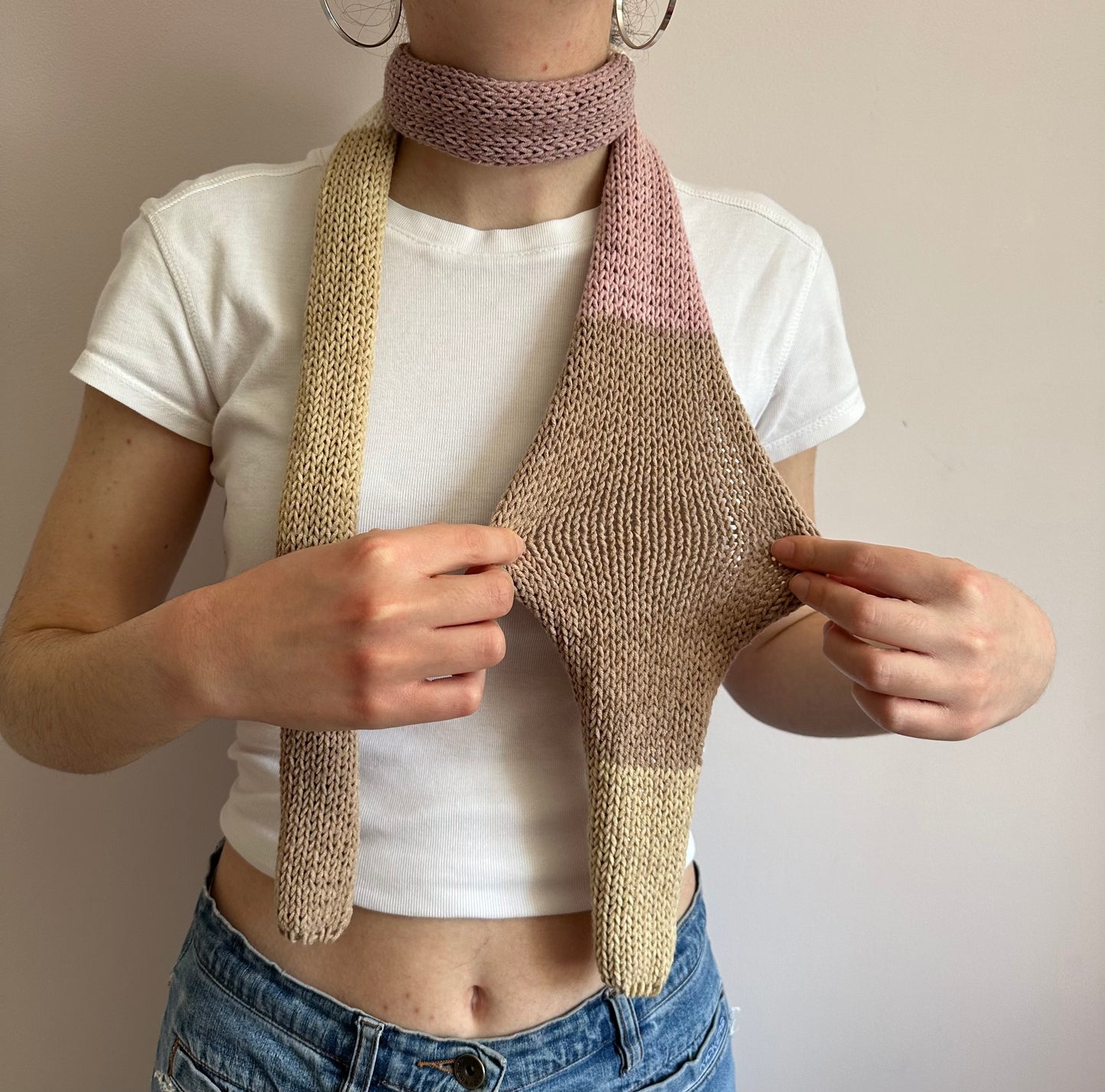 Handmade cotton knitted colour block skinny scarf in beige and dusky pink