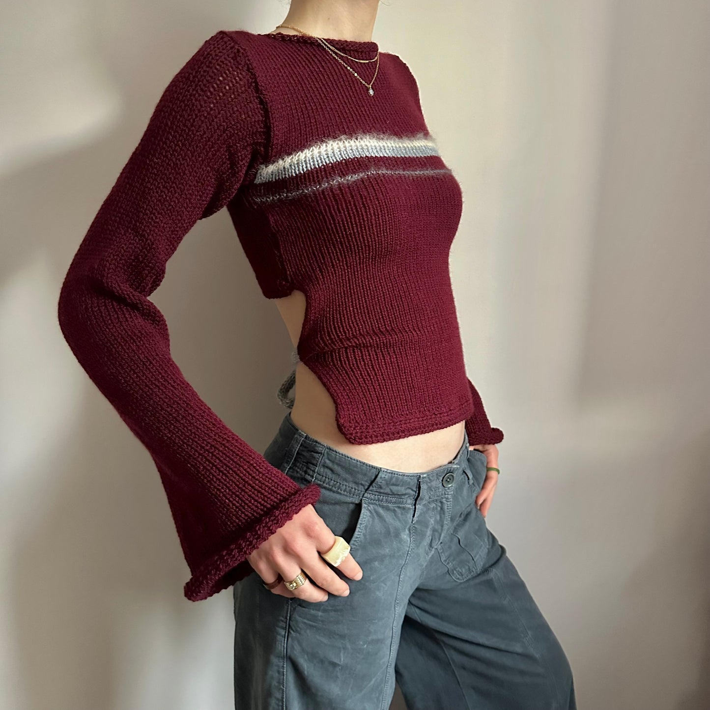 The Bordeaux Jumper: handmade burgundy, grey and cream striped knit jumper - choose with or without open bow back