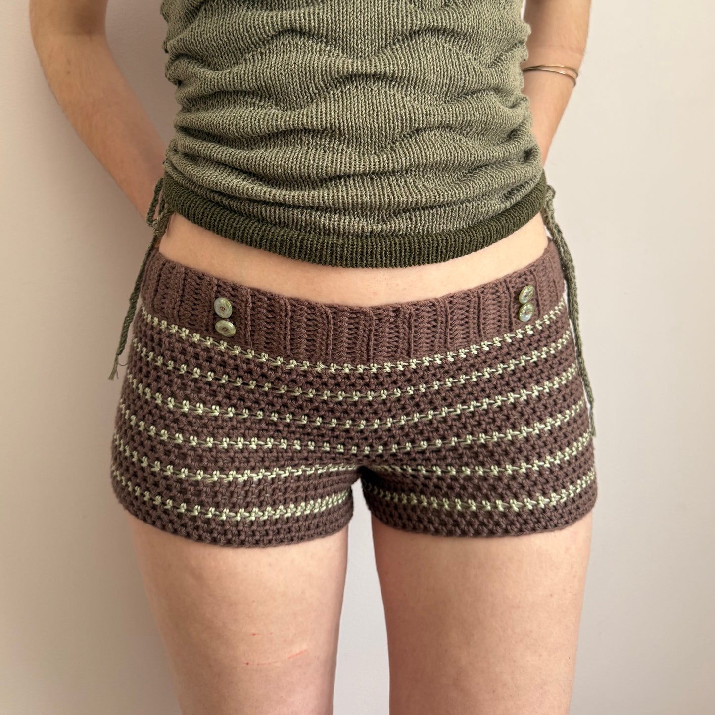1 of 1 brown & green striped cotton crochet button shorts (pre made in size XS)