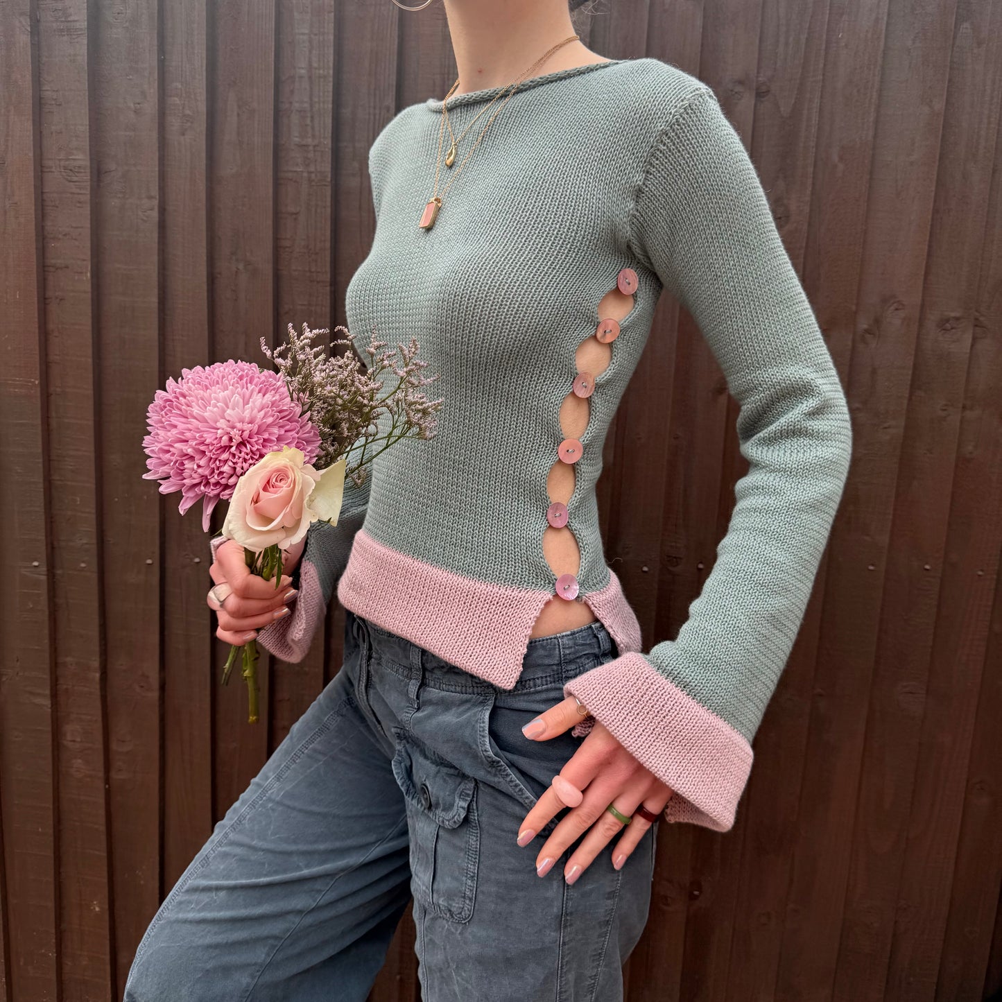 Colour block Pearl long sleeve in sage green & dusky pink - limited edition