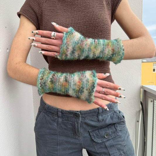 Handmade green ombré knitted mohair hand warmers
