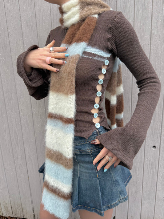 Handmade fluffy baby blue, cream and brown striped scarf
