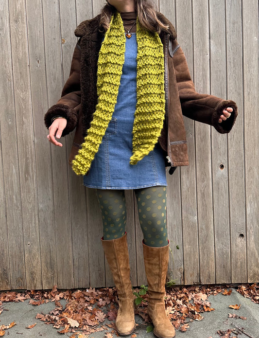 Handmade chunky fishnet knitted scarf in olive green