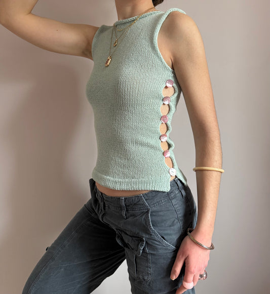 The Pearl Vest in mint - with pink mother of pearl buttons