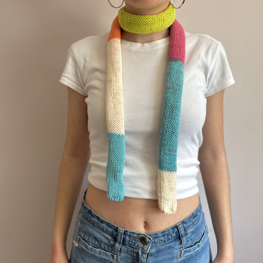 Handmade cotton knitted colour block skinny scarf in blue, cream, orange, pink and green