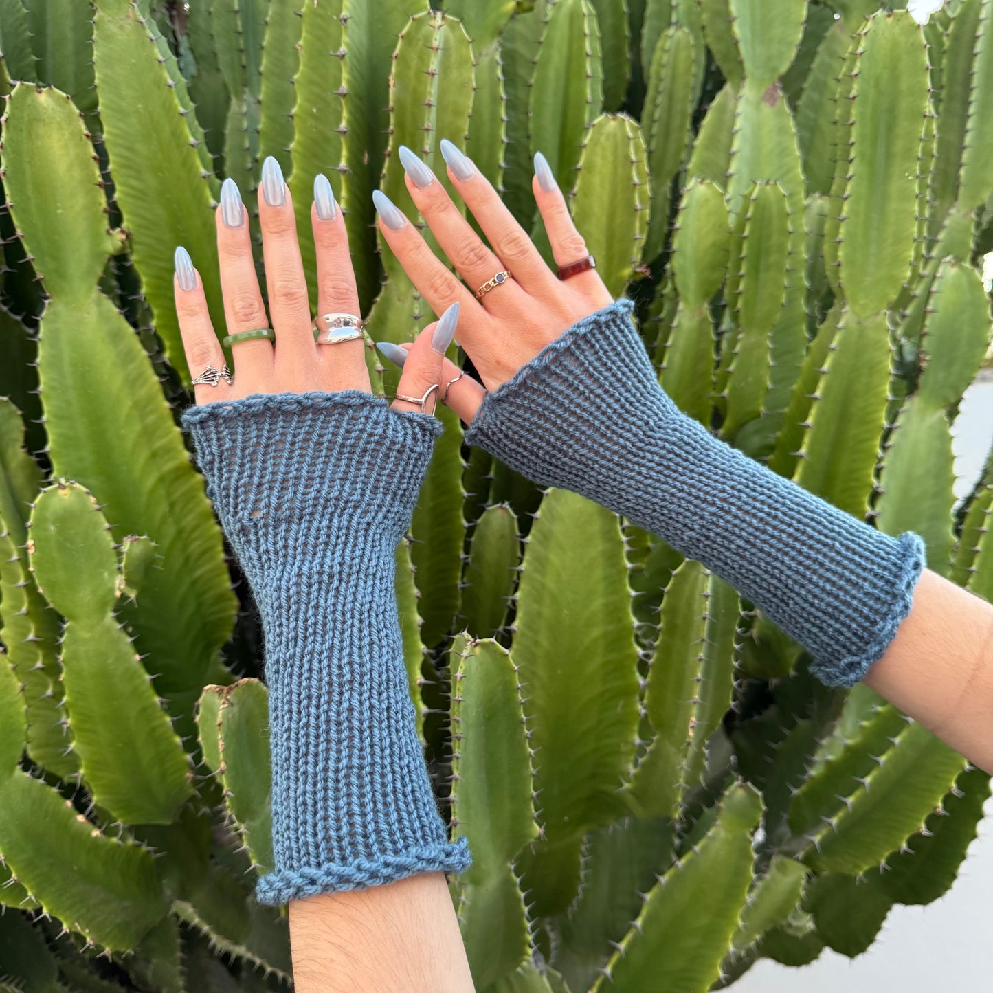 Handmade knitted blue hand warmers - pre made