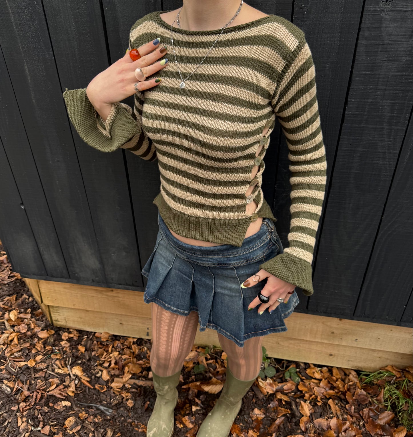 Pearl Long Sleeve in striped khaki & beige - handmade knit jumper with abalone shell buttons